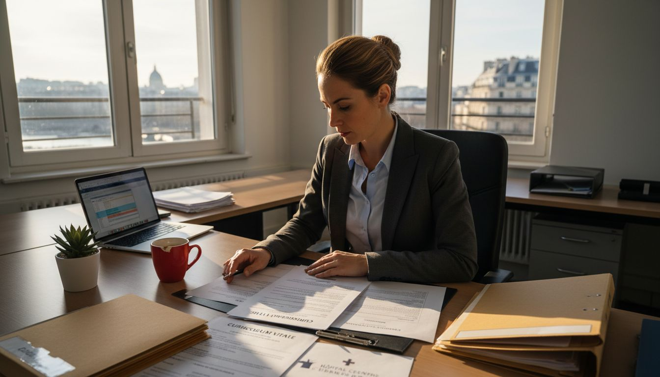 Un responsable des ressources humaines en train d'examiner les dossiers de candidature d’un professionnel de santé.