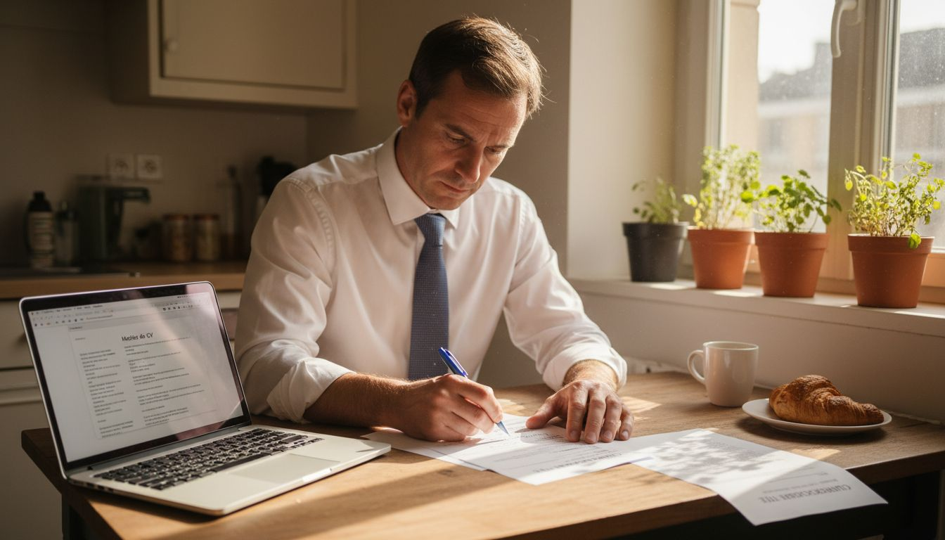Un médecin profite de son temps à la maison pour mettre à jour son CV dans son espace de travail personnel.