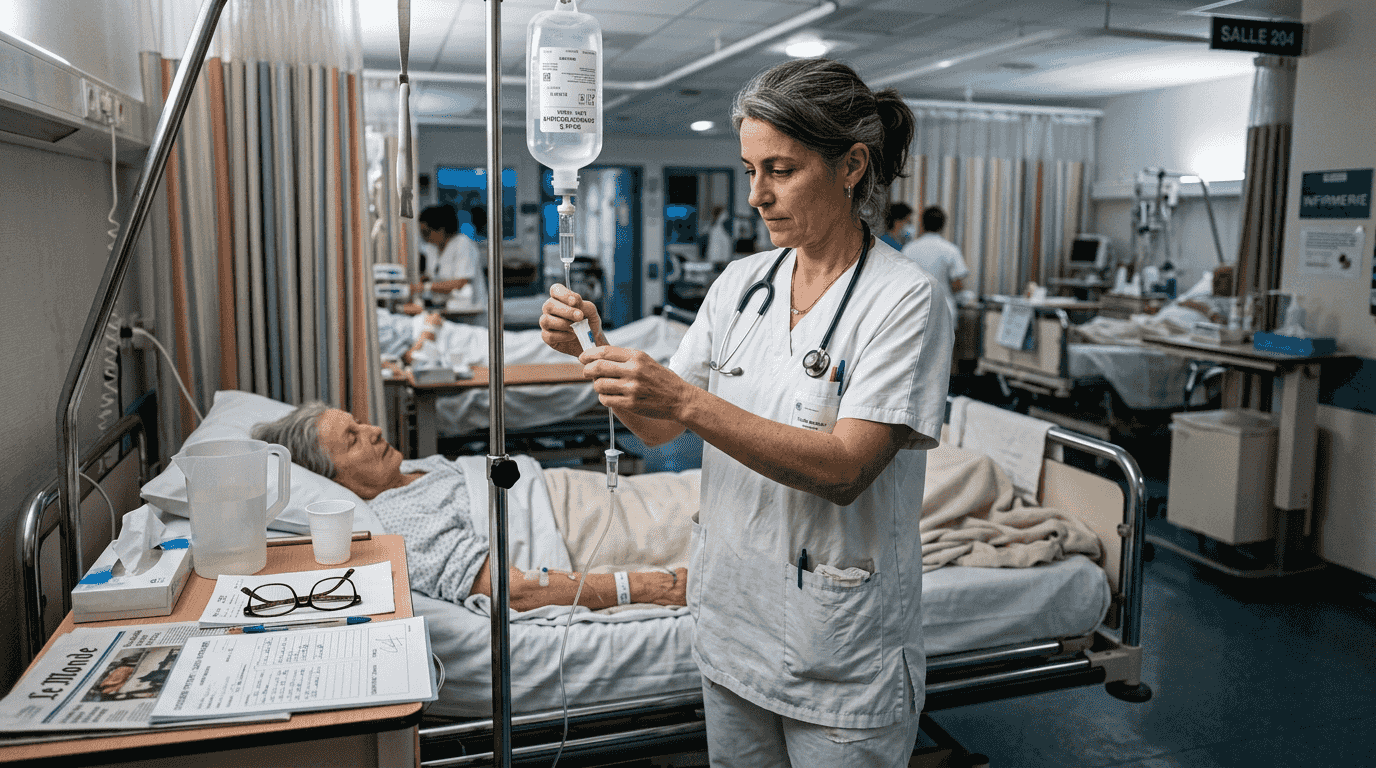 Une infirmière s’occupe d’une perfusion dans une chambre d’hôpital.