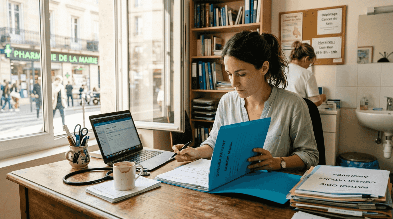 Le médecin consulte le dossier du patient lors de sa visite au cabinet.