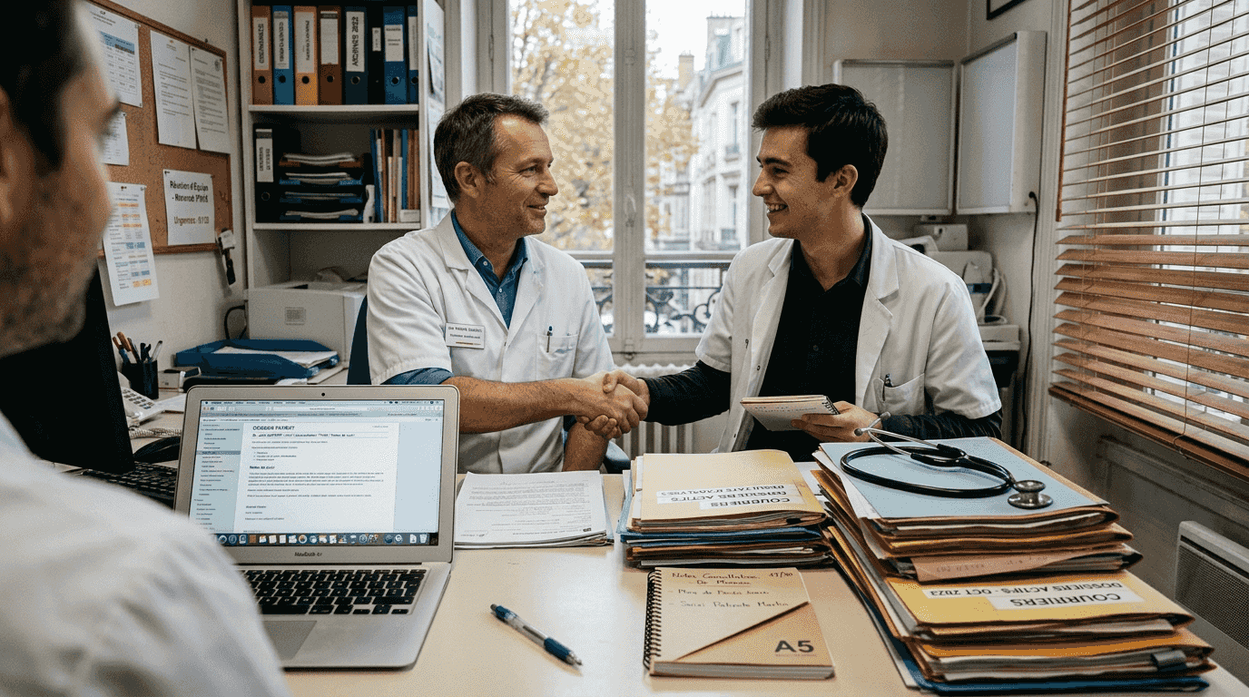 Deux médecins échangent une poignée de main dans leur cabinet.