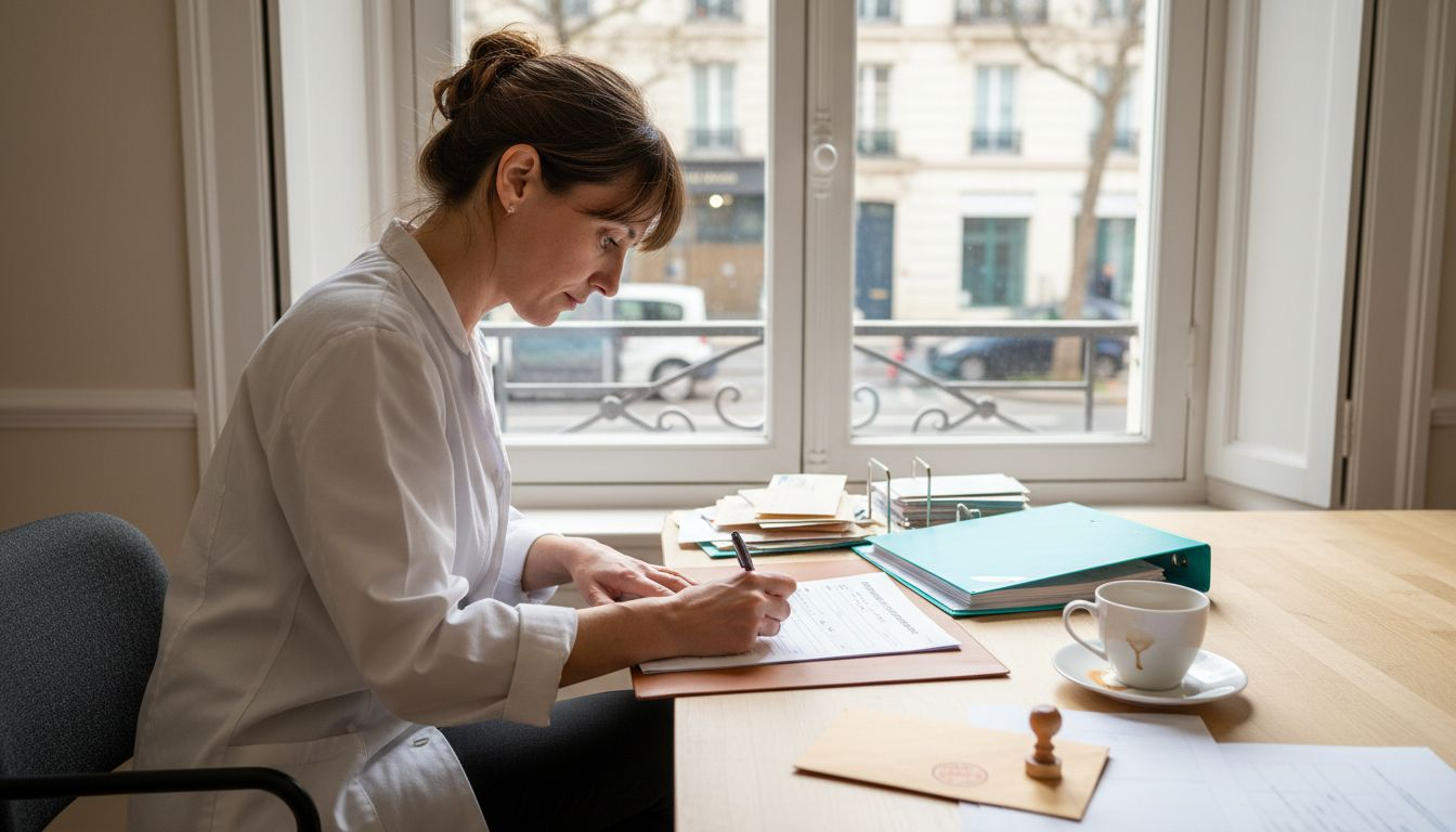 Un médecin en train de remplir des documents administratifs dans son cabinet.