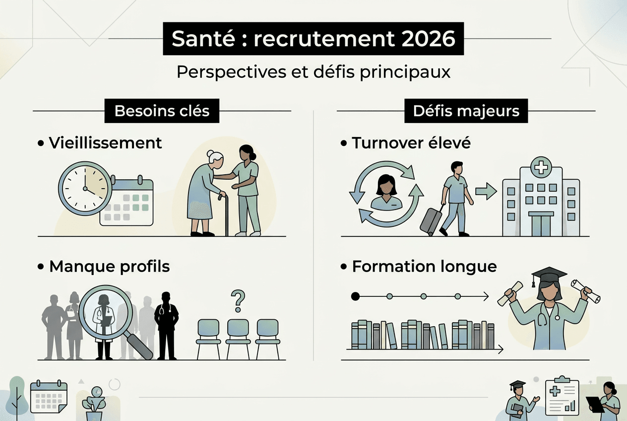 Découvrez en un clin d'œil les principaux enjeux et besoins liés au recrutement dans le secteur de la santé grâce à notre infographie.