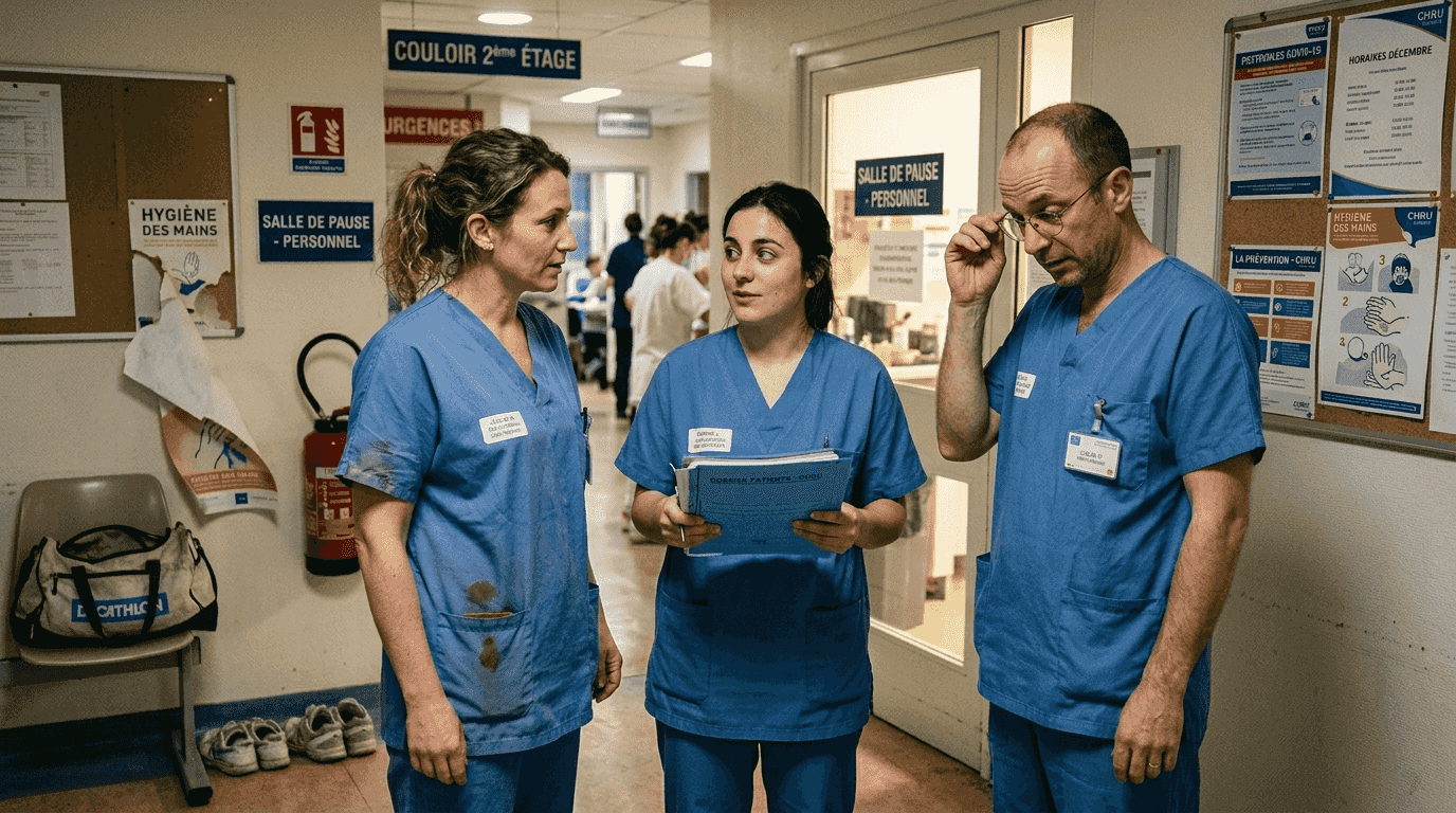 Des aides-soignants échangent quelques mots dans le couloir de l’hôpital.