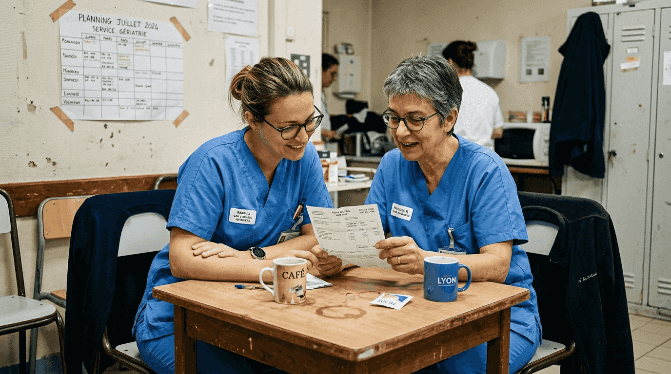 Des infirmières échangent au sujet de leur bulletin de salaire dans la salle de repos de l’hôpital.