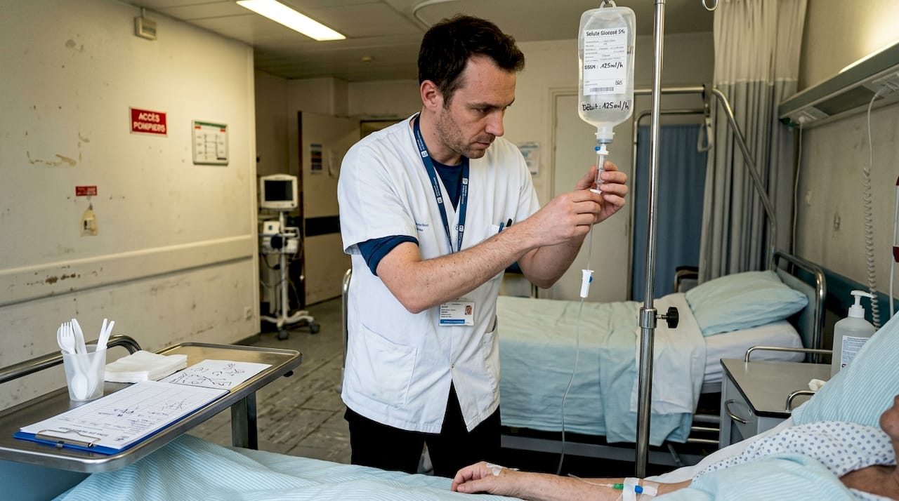 Une infirmière règle la perfusion au chevet d’un patient dans une chambre d’hôpital.