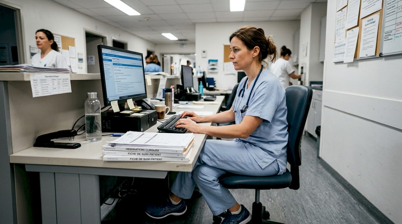 Une infirmière saisit les informations d’un patient sur son poste de travail à l’hôpital.