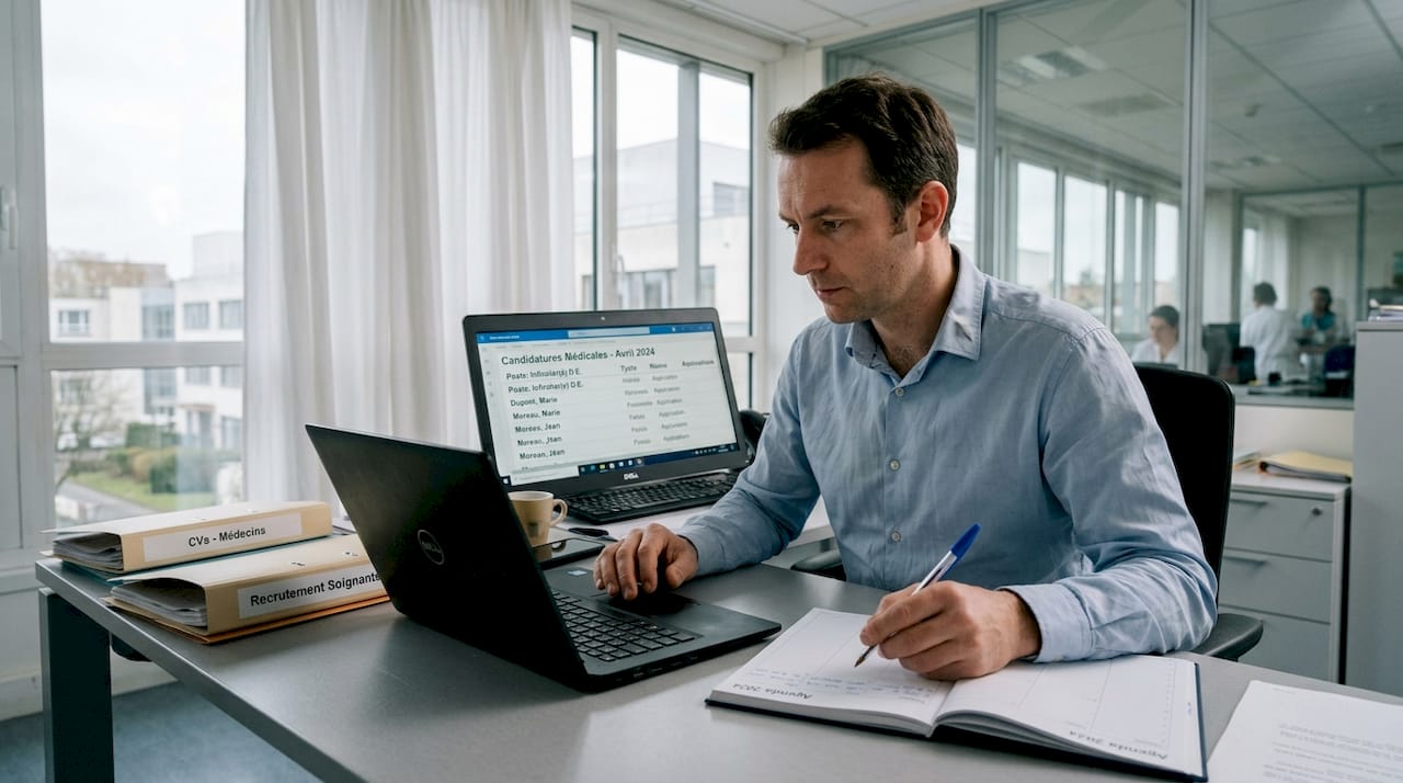Un responsable RH en train d'étudier des dossiers de candidature pour des postes médicaux dans son bureau.