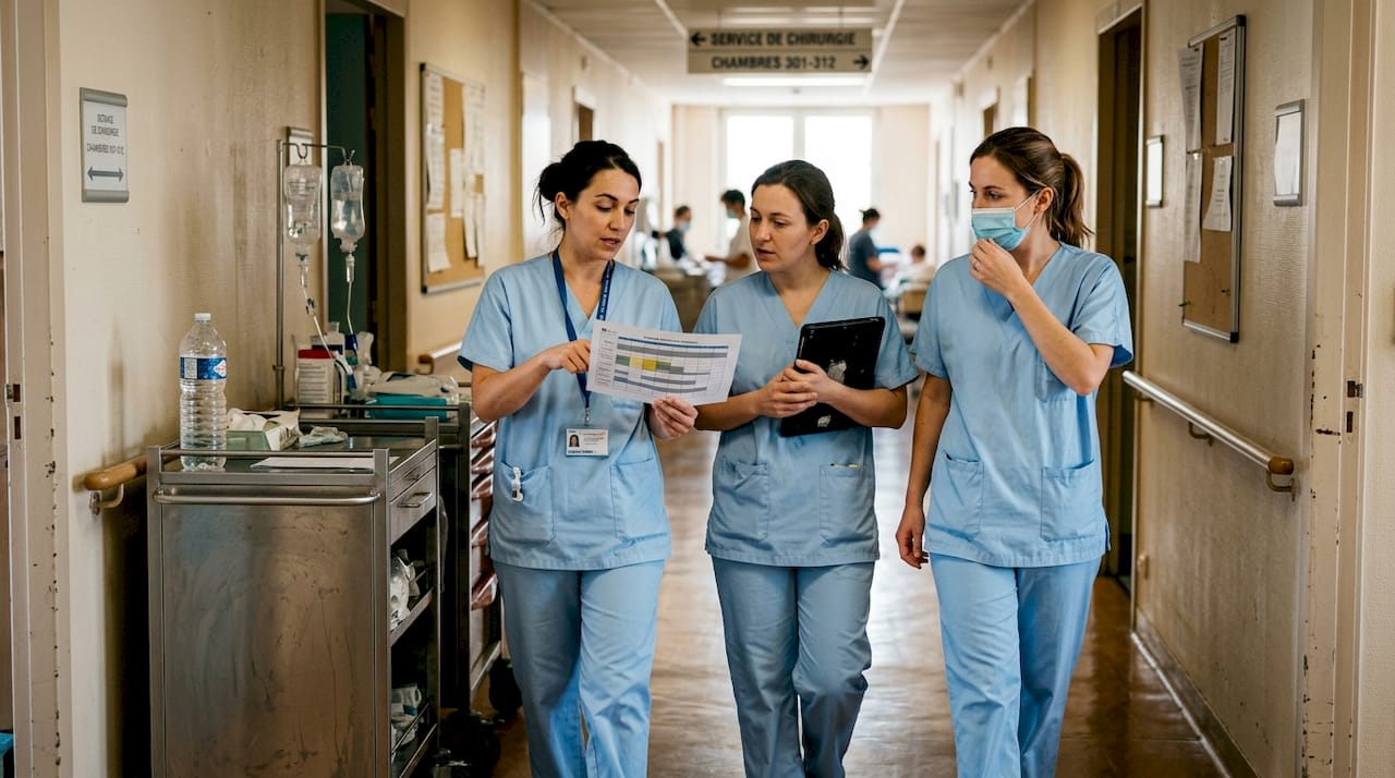 Des infirmières échangent sur l’organisation de leur service dans le couloir de l’hôpital.