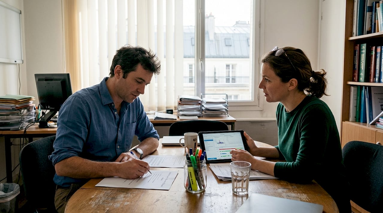Des médecins se réunissent dans un petit cabinet pour échanger autour de leurs patients et partager leurs expériences.
