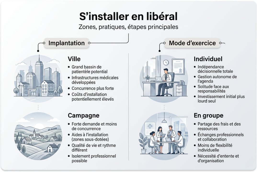 Infographie : panorama des zones d’installation et des formes d’exercice en libéral