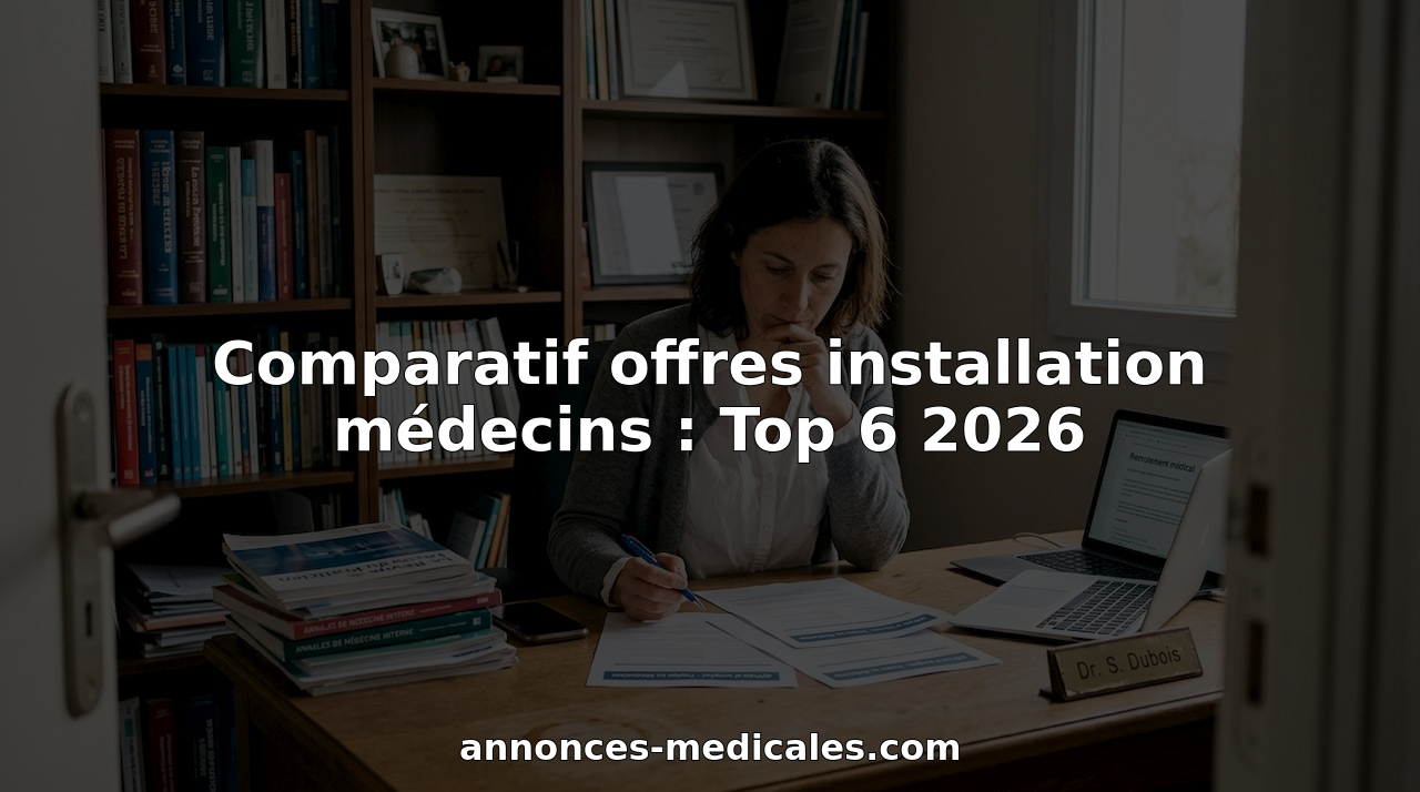 Un médecin installé à son bureau chez lui, en train d’étudier et de comparer plusieurs propositions d’emploi.