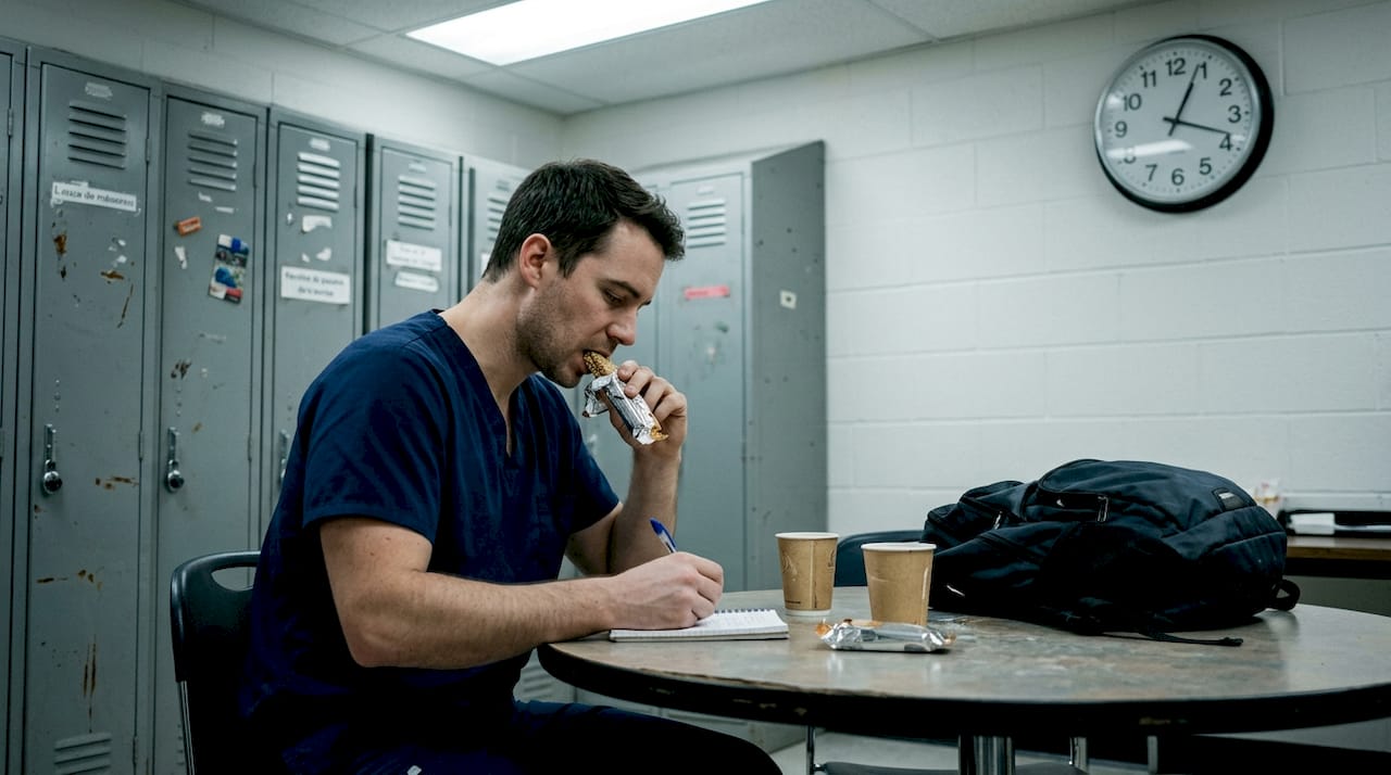 Un infirmier profite de sa pause pour remplir son carnet de notes dans la salle de repos.