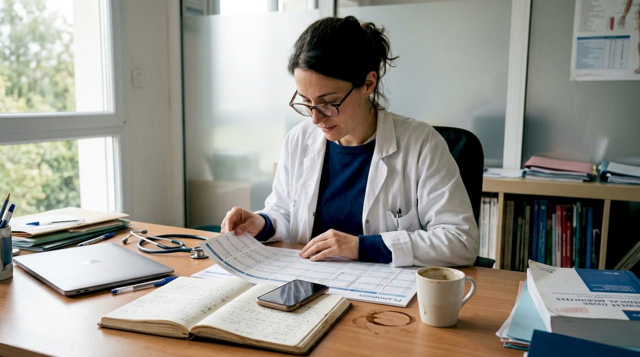 Un médecin en train d’organiser son planning dans son cabinet