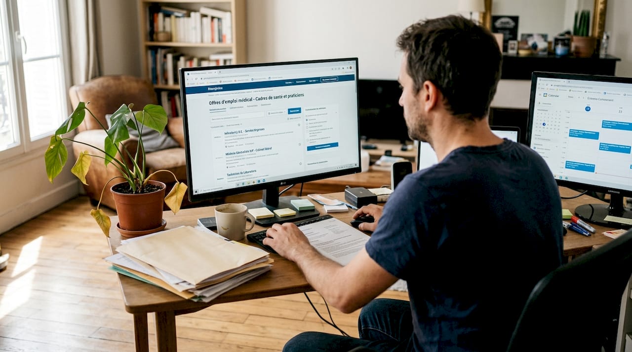 Une personne consulte les offres d’emploi dans le secteur médical depuis chez elle.