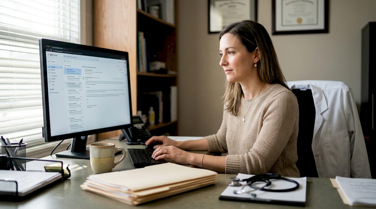 Médecin en train de chercher un remplaçant depuis son bureau