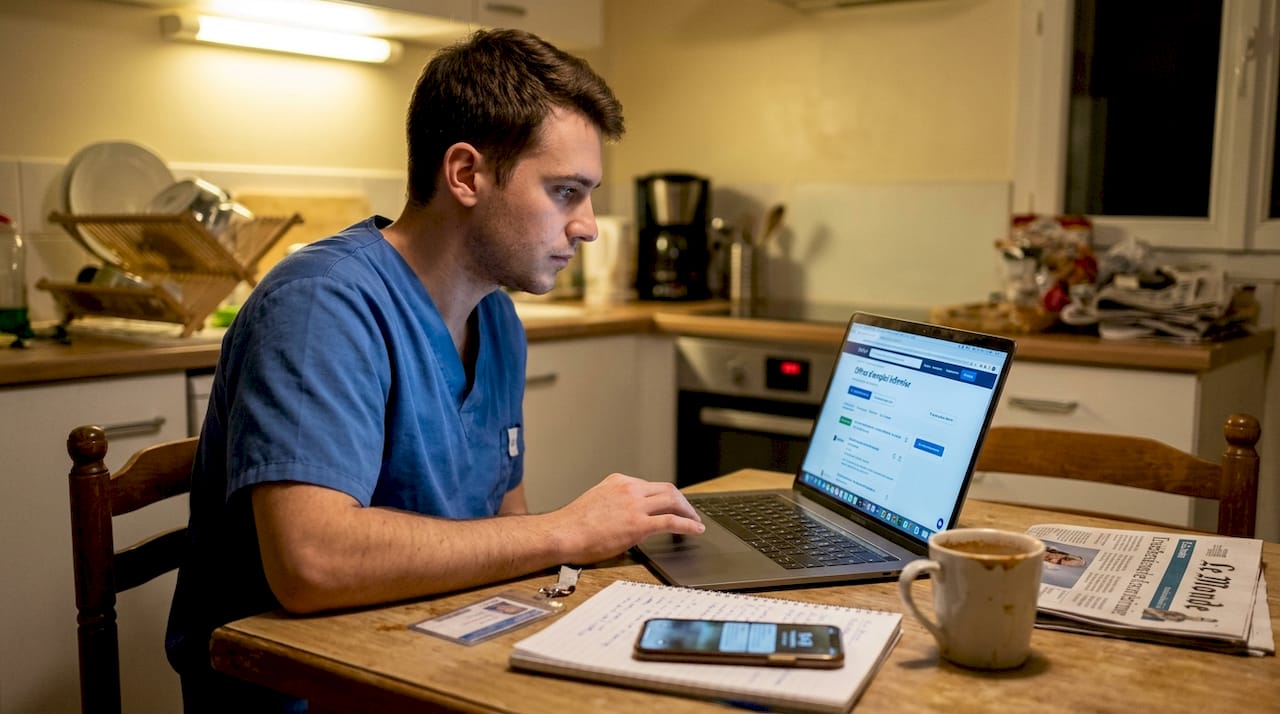 Une infirmière en train de rechercher des offres d’emploi dans le secteur médical sur son ordinateur portable.