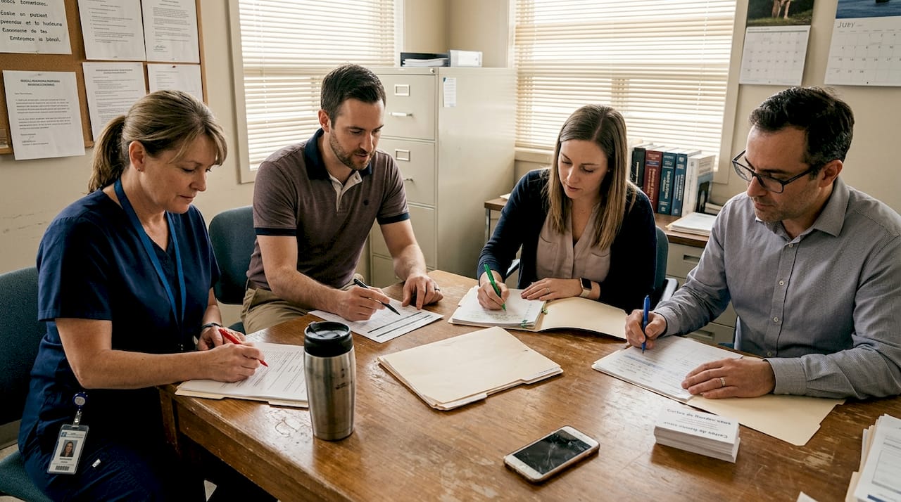Réunion de l’équipe paramédicale autour des dossiers patients
