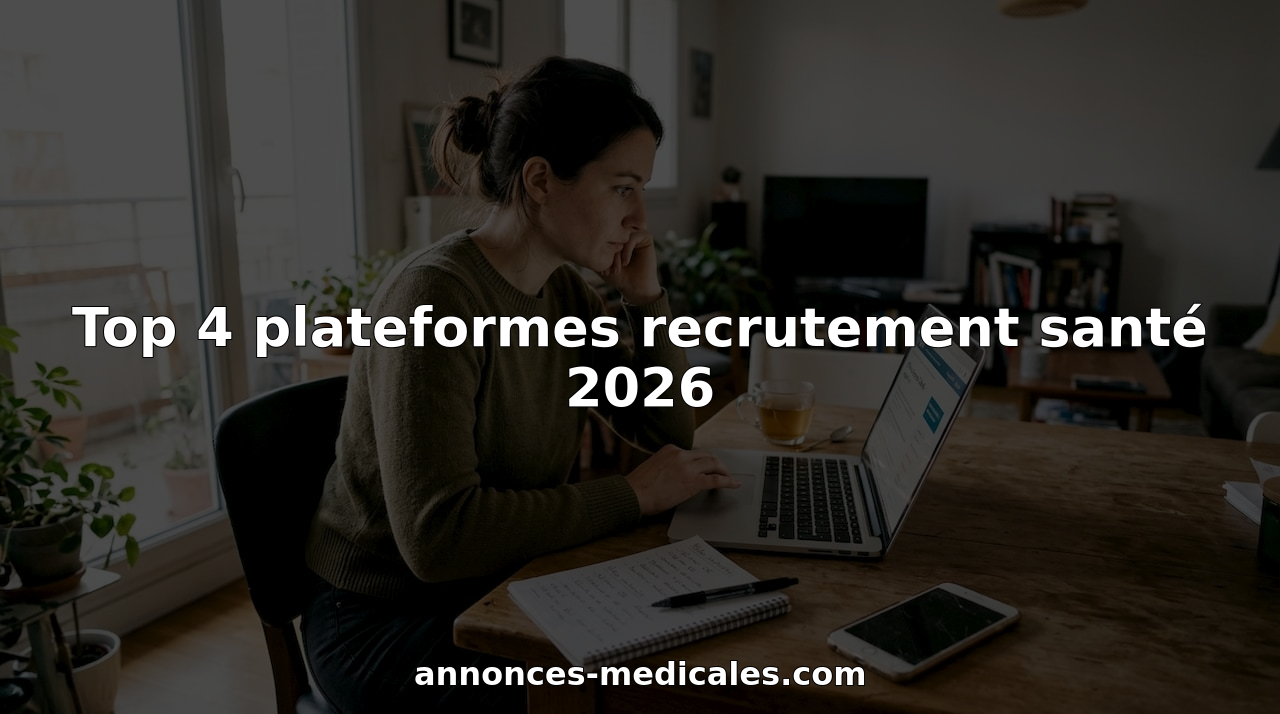 Une femme recherche des offres d’emploi dans le secteur de la santé depuis son espace de télétravail.