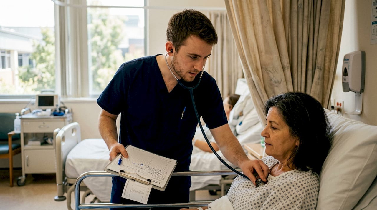 Une infirmière prend le pouls d’un patient à l’aide d’un stéthoscope dans sa chambre d’hôpital.