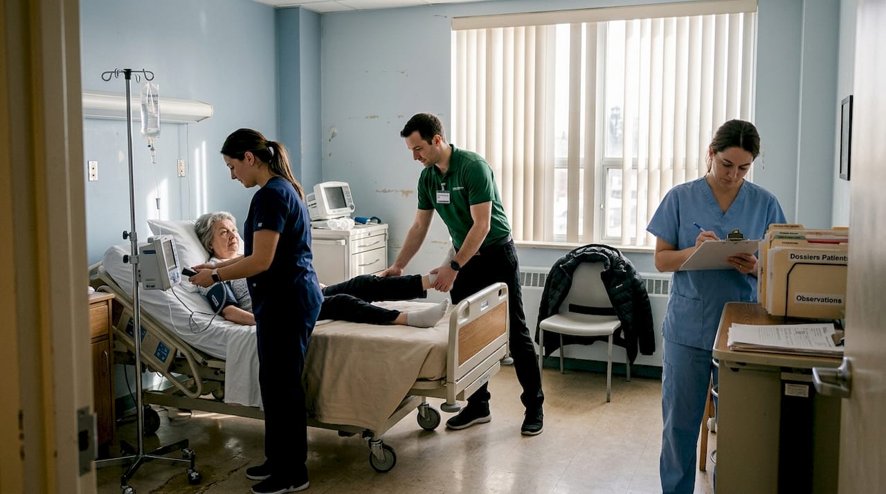 Des professionnels paramédicaux exercent leur métier au sein d’une chambre d’hôpital.
