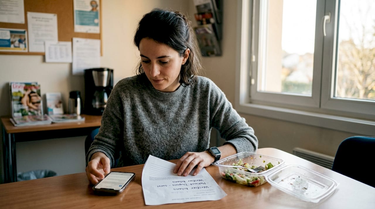 Une jeune professionnelle consulte ses notifications de travail pendant le repas.