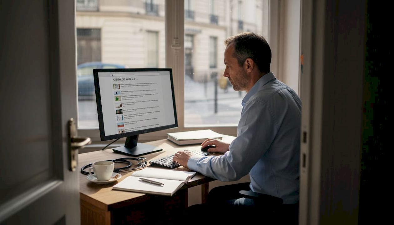 Un médecin consulte les annonces sur son ordinateur depuis son bureau.