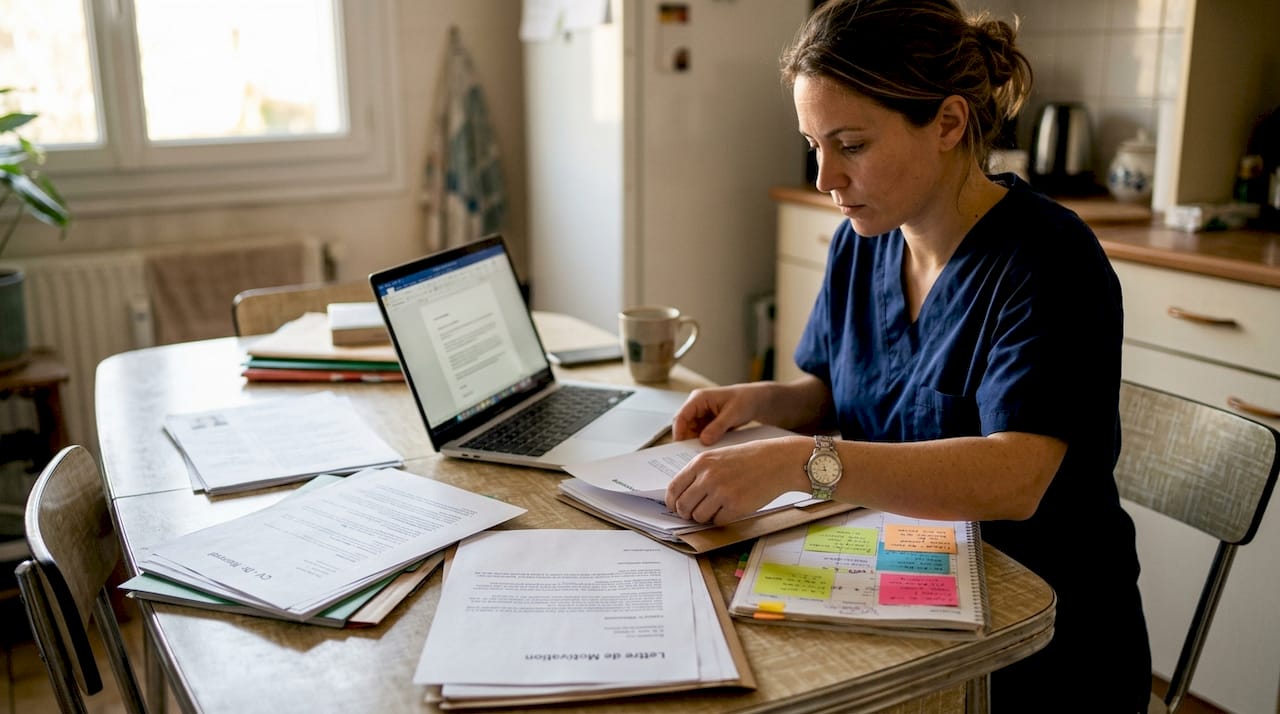 Un médecin prépare son dossier de candidature pour un poste dans le secteur de la santé.