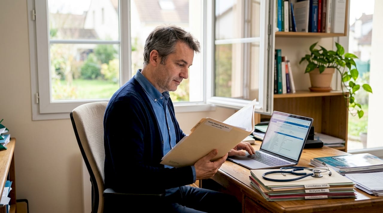Un professionnel de santé en pleine étude d’un dossier médical à son bureau.