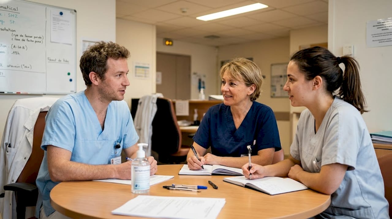 Des professionnels de santé discutent ensemble autour d’une table lors d’un moment d’échange informel.