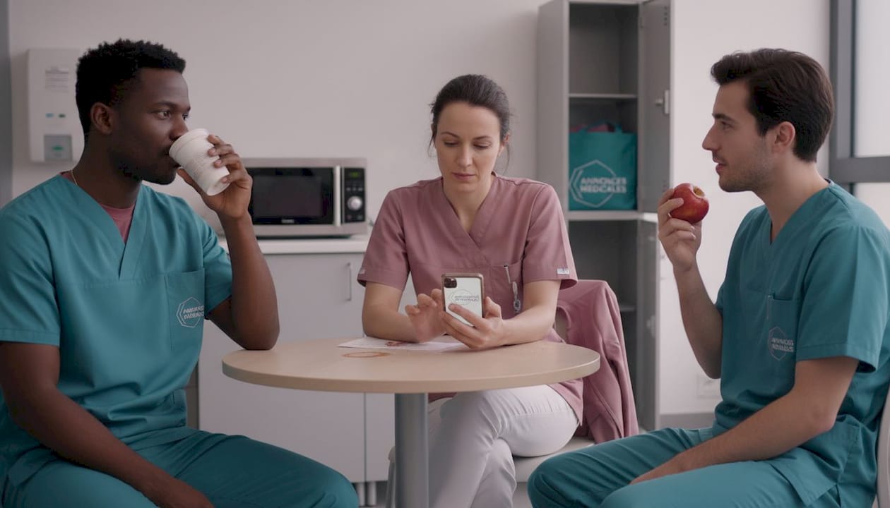 Des membres du personnel médical profitent d’un moment de détente dans la salle de repos.