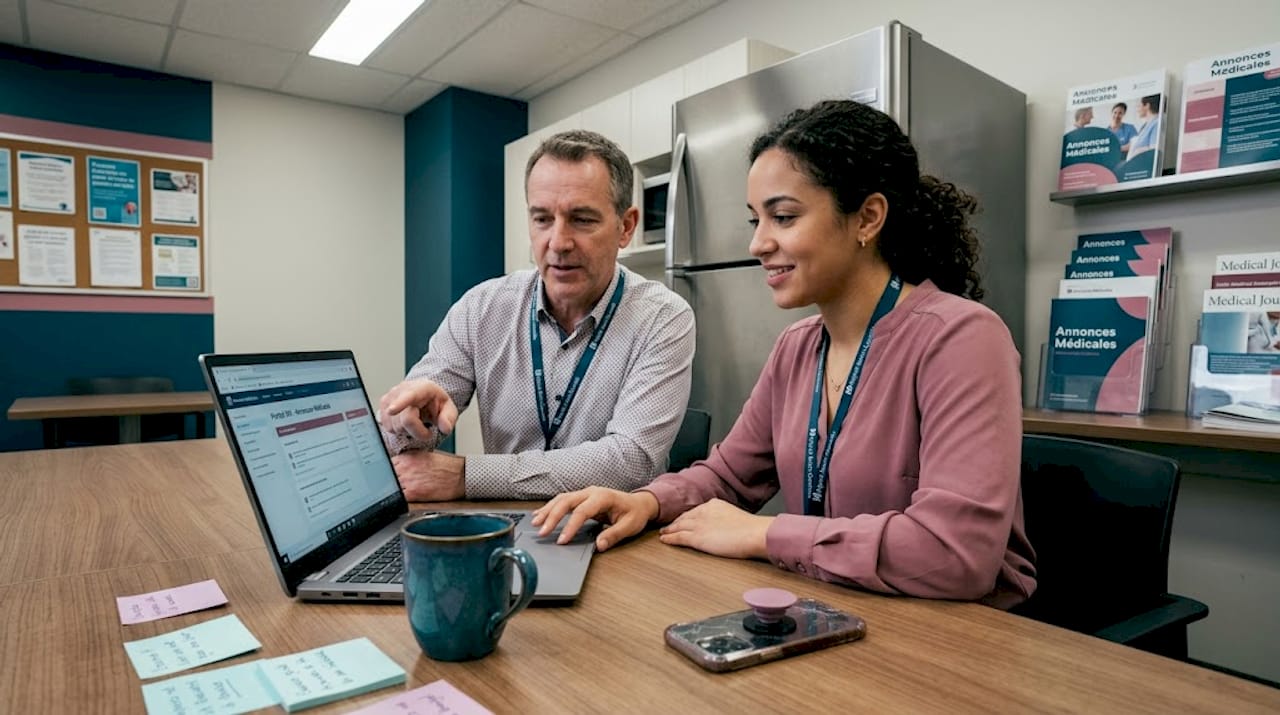 Des équipes hospitalières échangent et travaillent ensemble sur l’intranet RH pour améliorer la gestion du personnel.