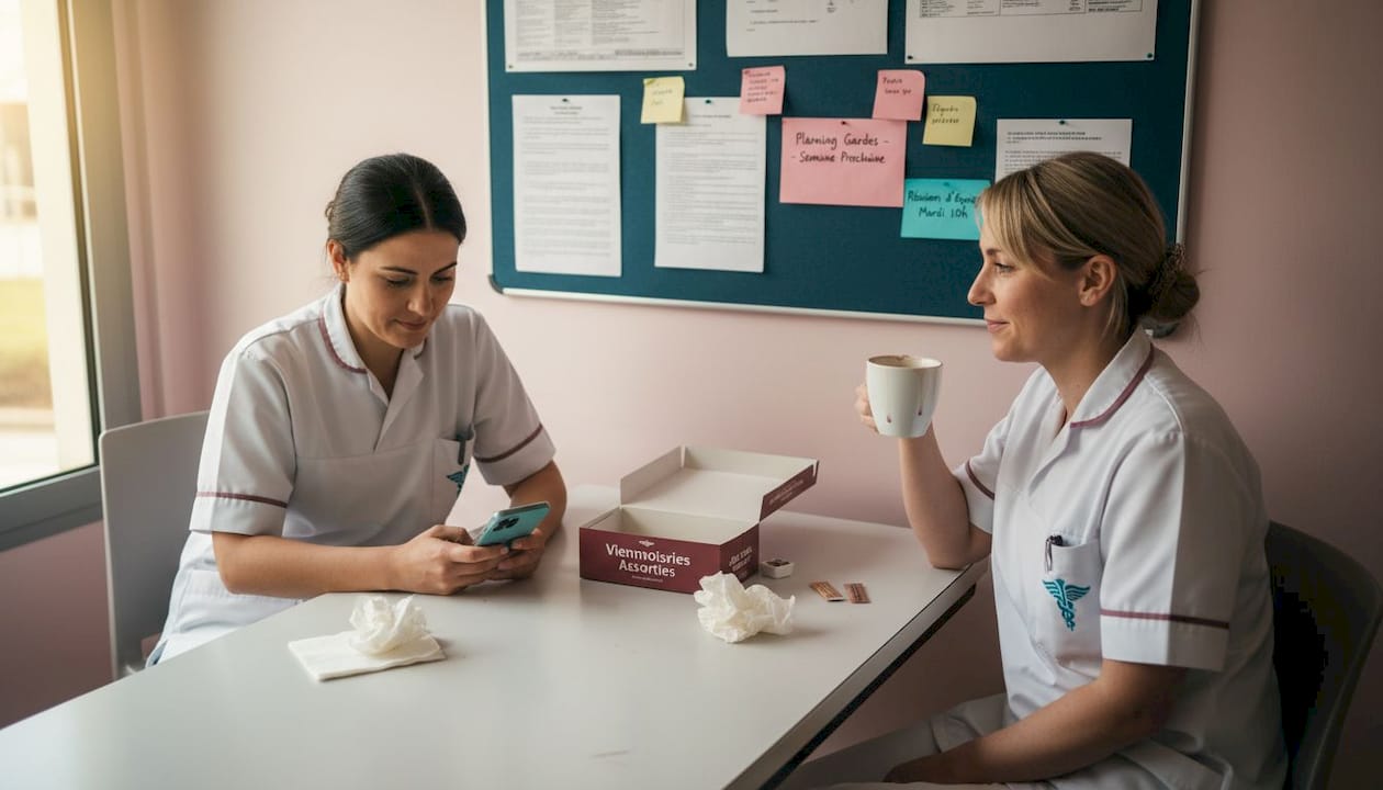 Des infirmières échangent autour d’un café dans la salle de repos.