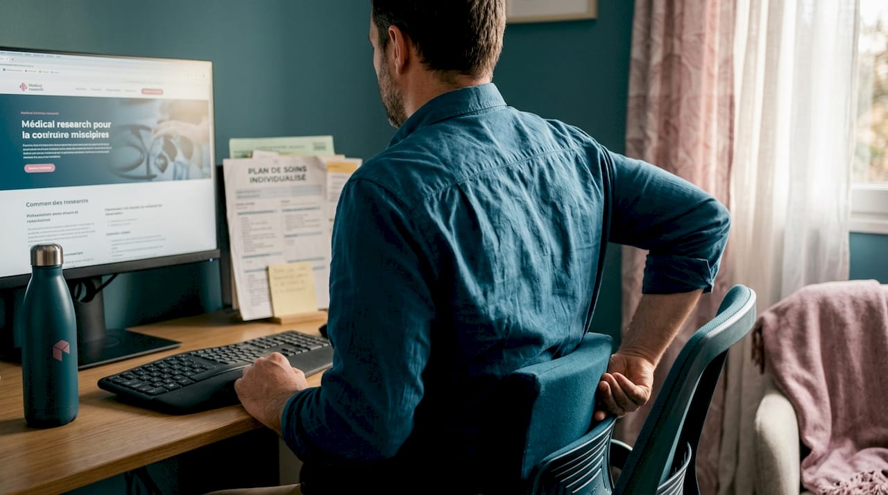 Un professionnel de santé aide à adopter une bonne posture en télétravail.