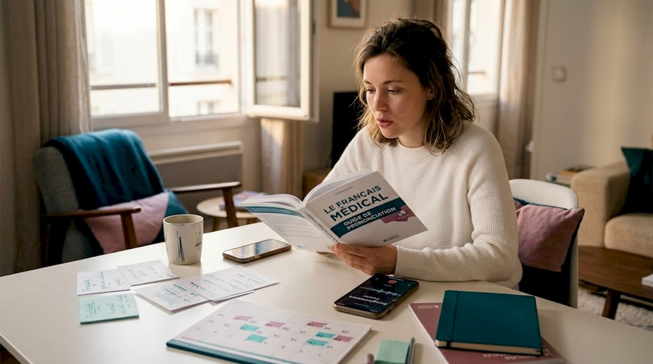 Un médecin qui révise ses langues étrangères autour de la table de la cuisine.
