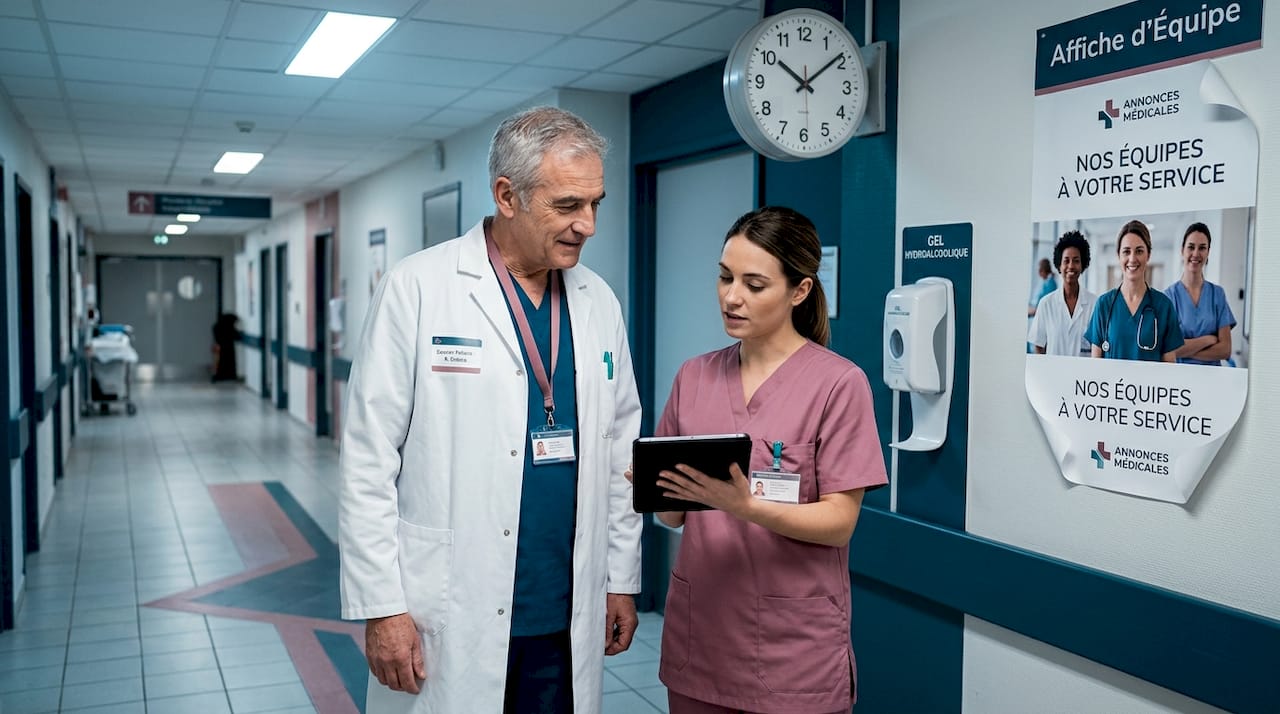 Un médecin échange quelques mots avec une infirmière dans le couloir de l’hôpital.
