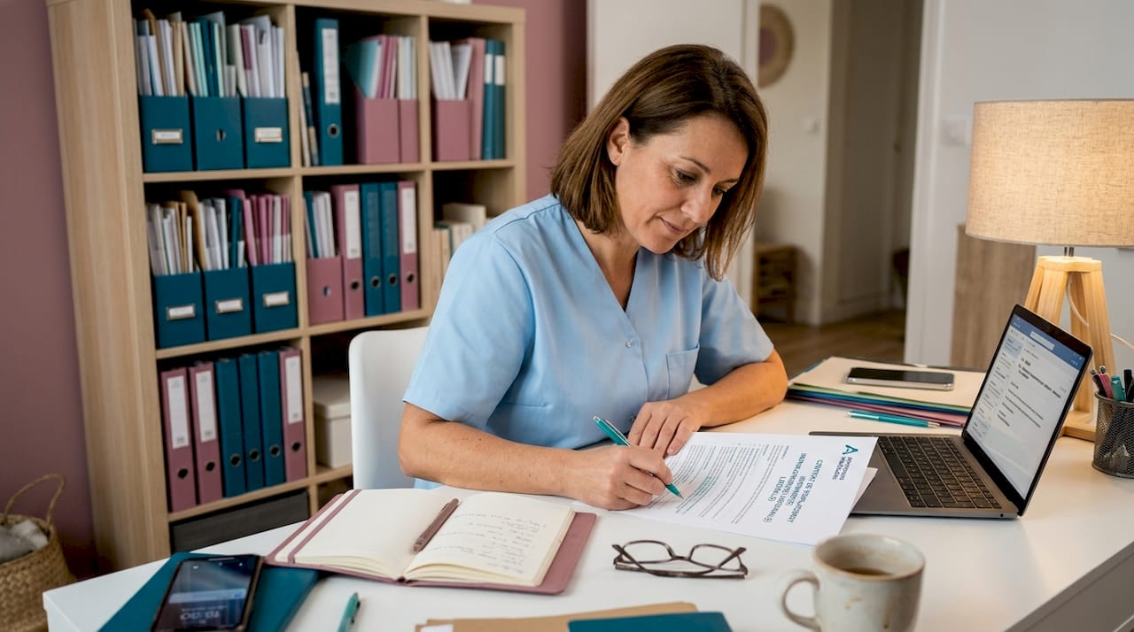 Une professionnelle de santé passe en revue les clauses du contrat avec attention.