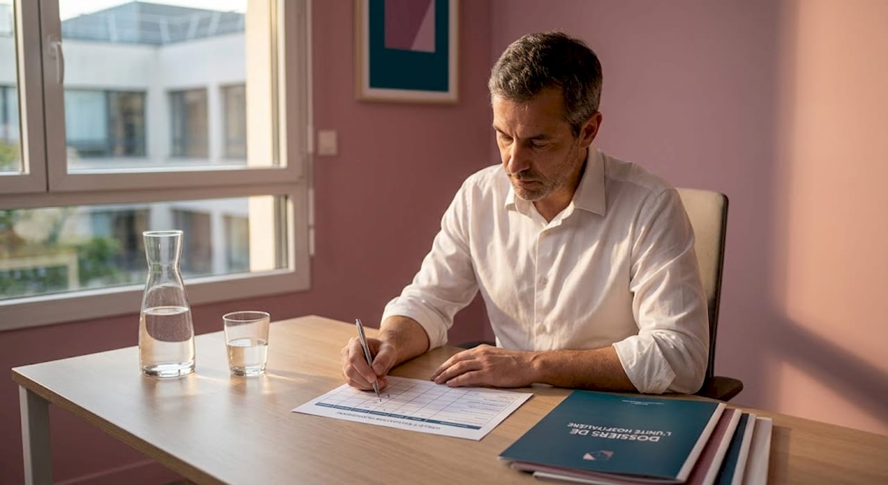 Lors de la réunion sur la santé au travail, le responsable passe en revue la grille d’évaluation à la main, cochant chaque critère au fur et à mesure.