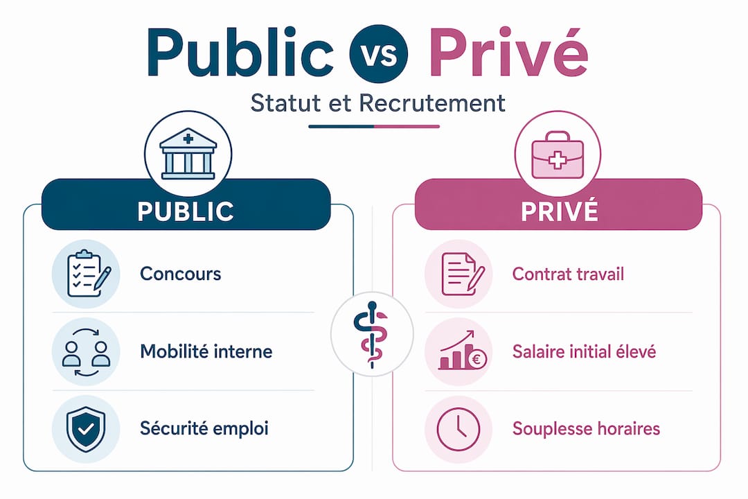 Comparatif illustré des statuts dans le secteur médical : public vs privé
