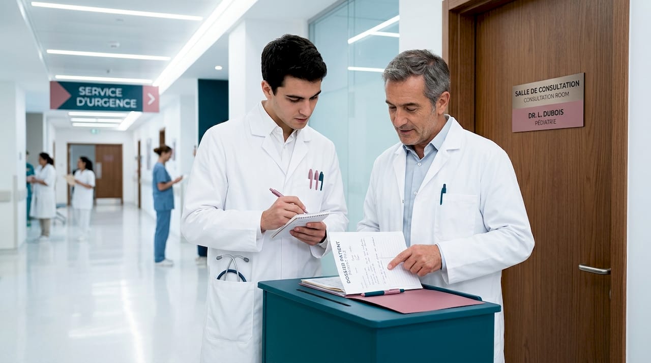 Interne en médecine sous la supervision d’un senior, en train de prendre des notes lors de son stage à l’hôpital.