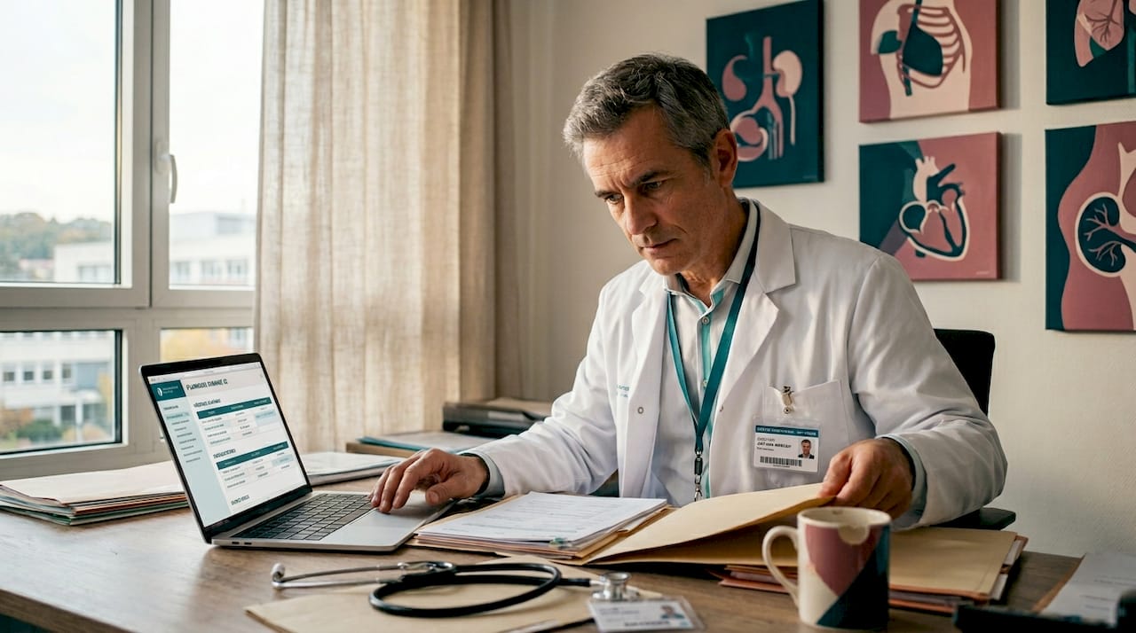 Un médecin en train de trier et d’organiser des dossiers médicaux dans le service administratif.
