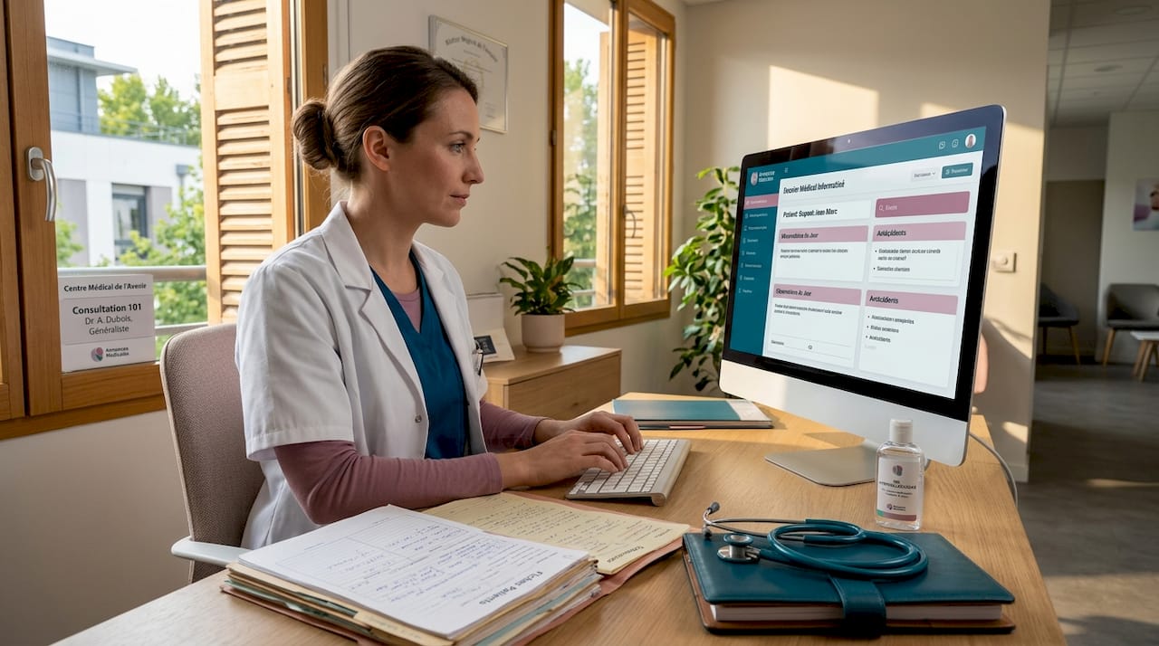 Un médecin en train de rédiger des observations dans son cabinet