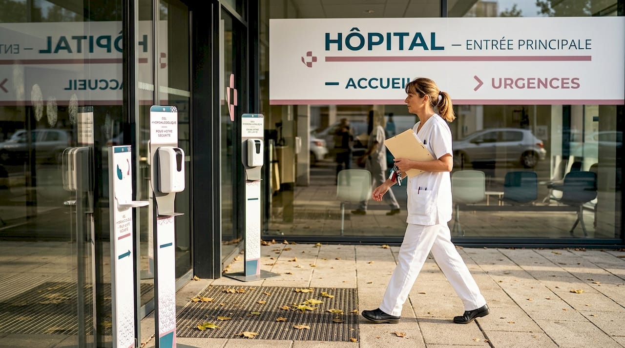 Une infirmière commence sa journée en franchissant les portes d’un hôpital public français.