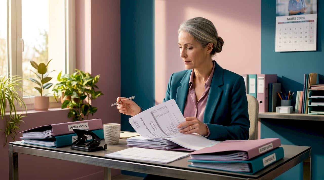 Directeur d’hôpital en pleine analyse des rapports de dépenses