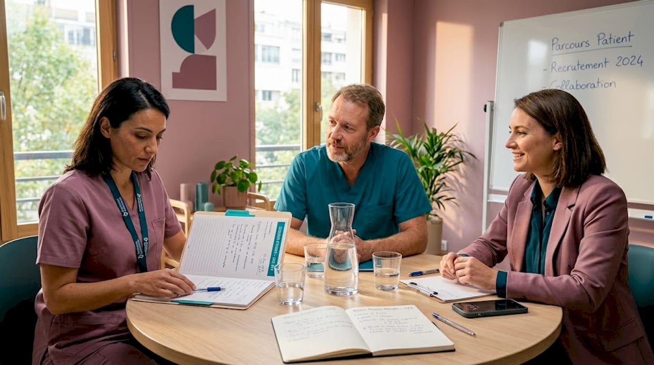 Lors d'une réunion au cabinet, trois médecins échangent leurs points de vue et confrontent leurs opinions.