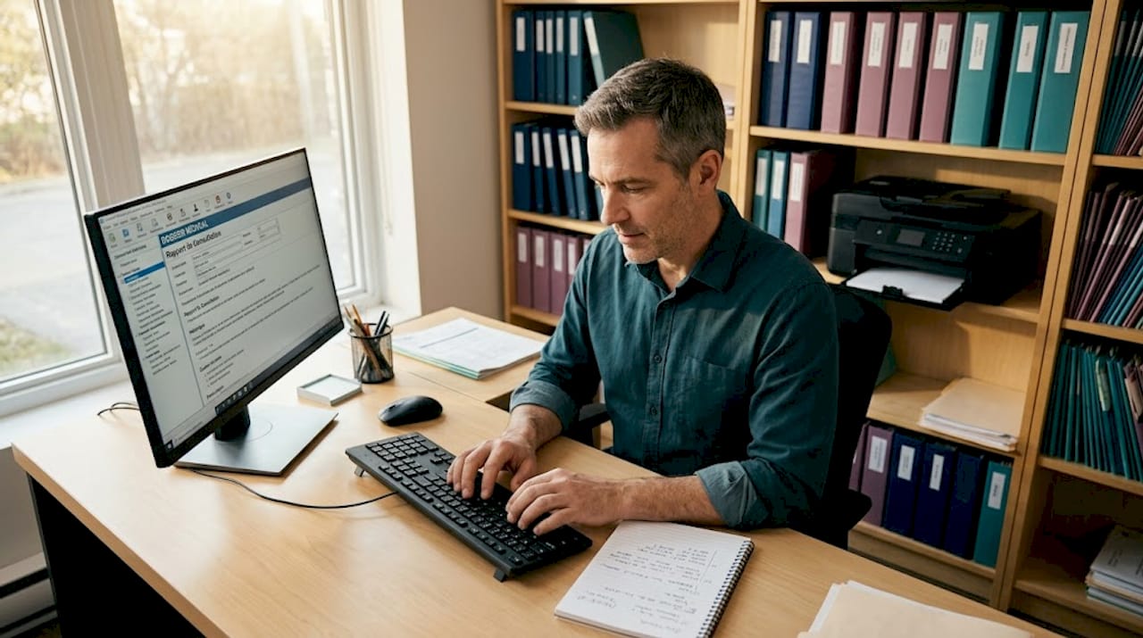 Une secrétaire rédige un compte-rendu médical dans son bureau.