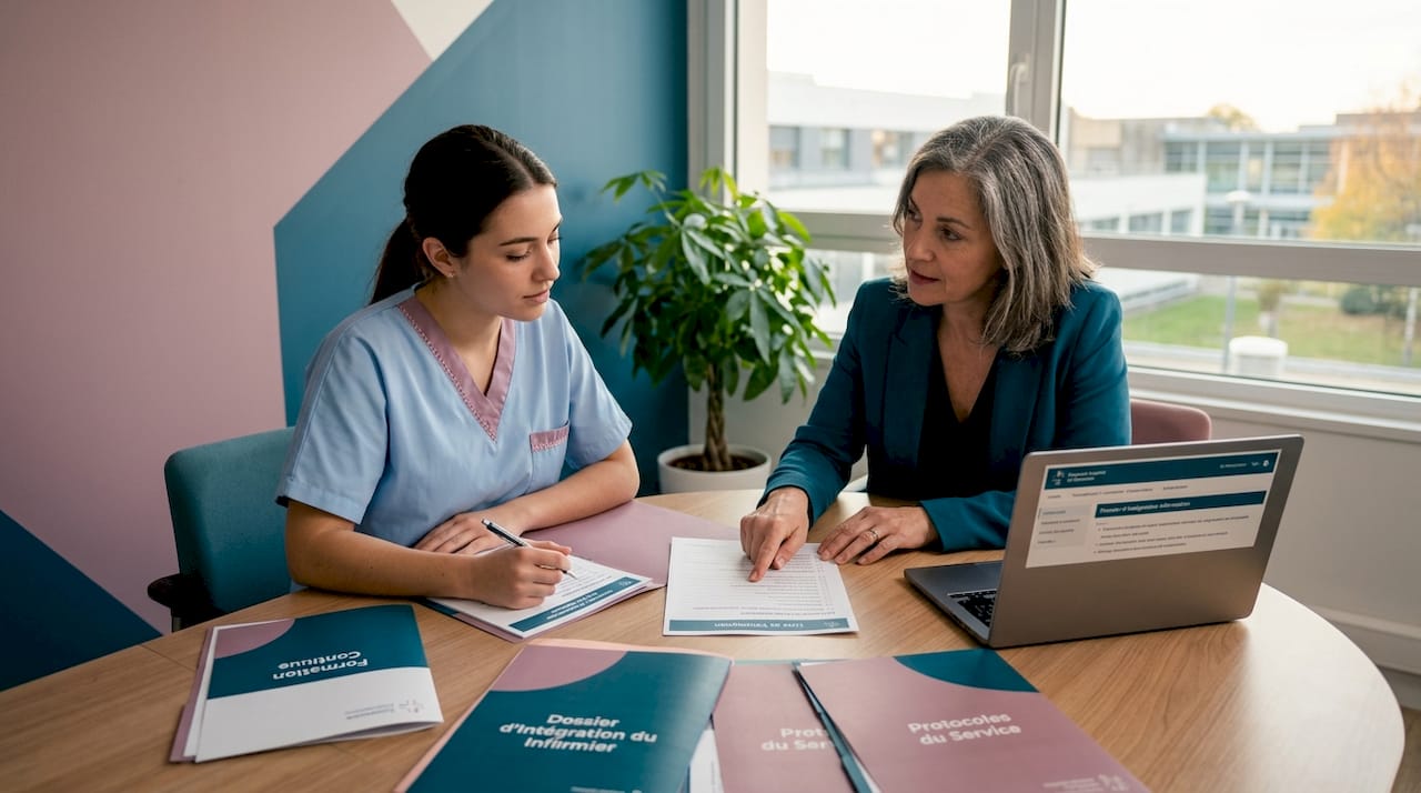 Première journée pour une nouvelle infirmière, accompagnée par son mentor dans la salle du personnel pour faciliter son intégration.