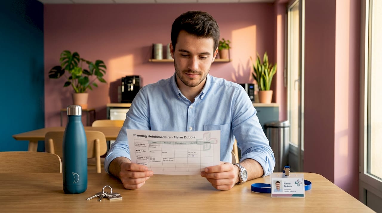 Un infirmier consultant en train d'organiser le planning sur une table à l'hôpital.