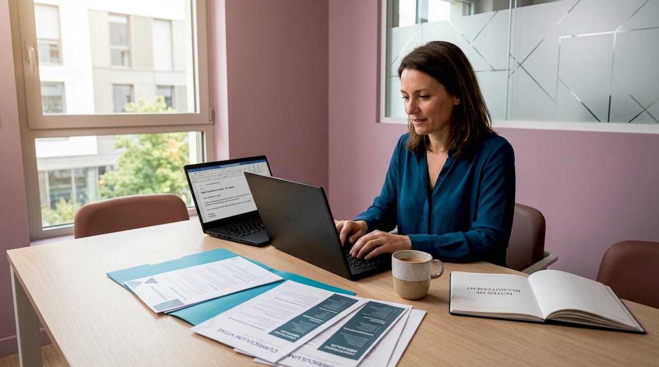 Chargé de recrutement dans le secteur médical en pleine activité devant son poste de travail.