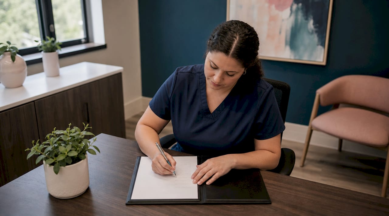 Des mains qui accompagnent la signature du consentement éclairé